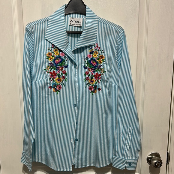 Linea by Louis Dell'Olio Tops - Embroidered Blue Striped Shirt